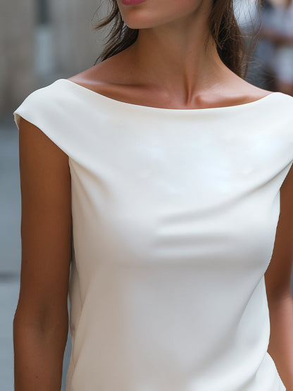 Elegant Draped Boat Neck Cap Sleeve Top With Clean Tailored Silhouette