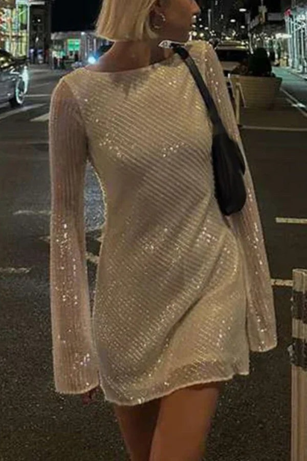 Glittering Sequin Draped Trim Backless Long Sleeve Mini Dresses-White