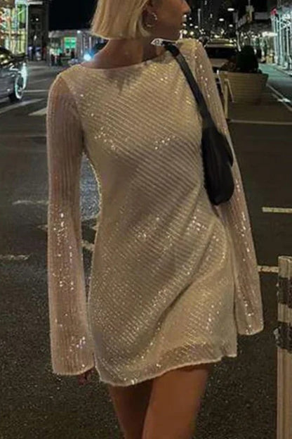 Glittering Sequin Draped Trim Backless Long Sleeve Mini Dresses-White