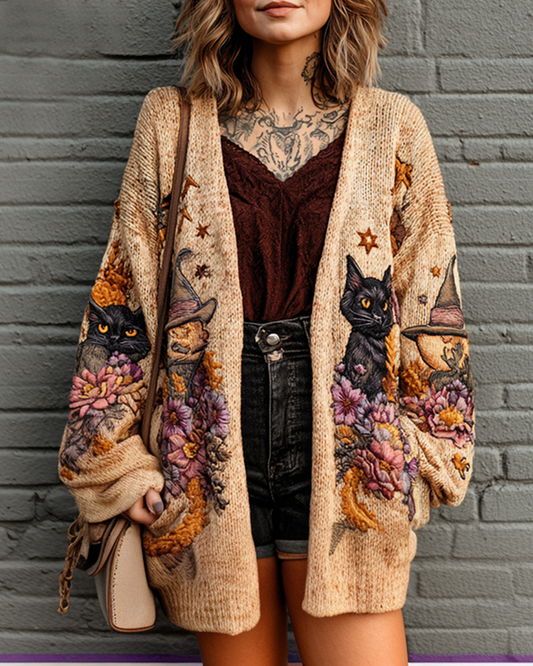 Women's Halloween themed black cat embroidered knitted cardigan bfd9