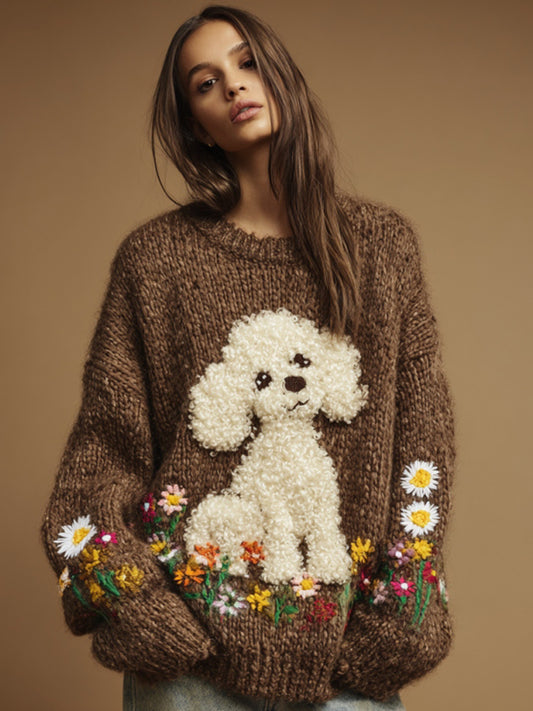Vintage  Dog Colorful Wildflower Embroidery Crochet Cozy Knit Sweater