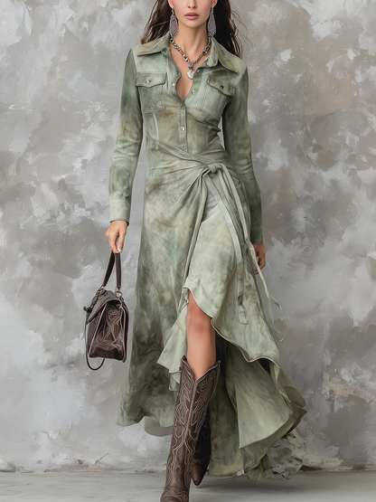 Vintage Sage Green Tie-Dye Pocket Slim Suede Maxi Dress