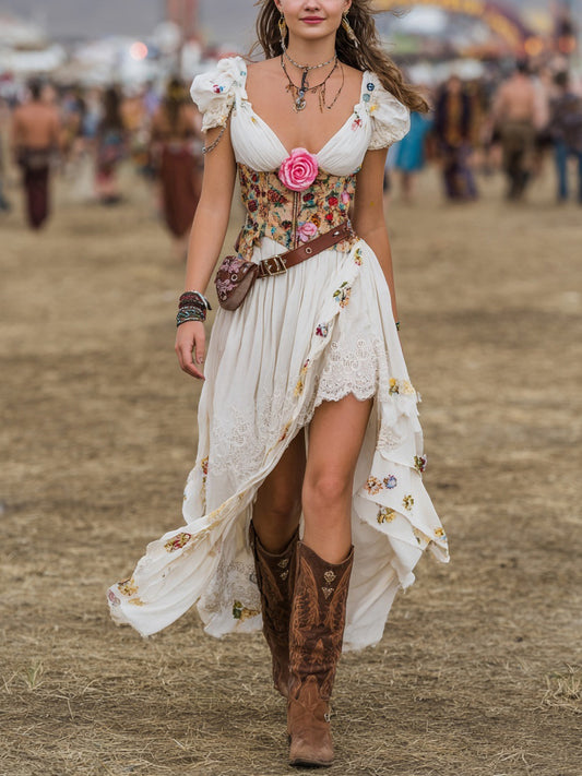 Cotton Floral Embroidered Boho Maxi Dress With Corset Detail And Asymmetric Hem For Festival Wear