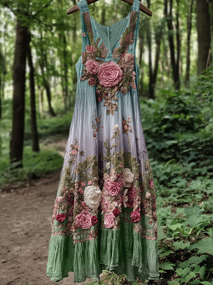 Vintage Classy Boho Gradient Pink Roses Embroidered Linen Maxi Dress 3fee