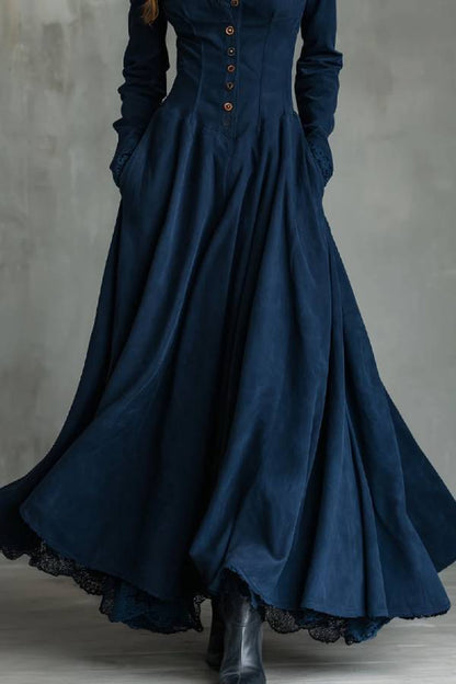 Gothic Dark Blue Faux Suede Lace-trimmed Shirt Collar Maxi Dress