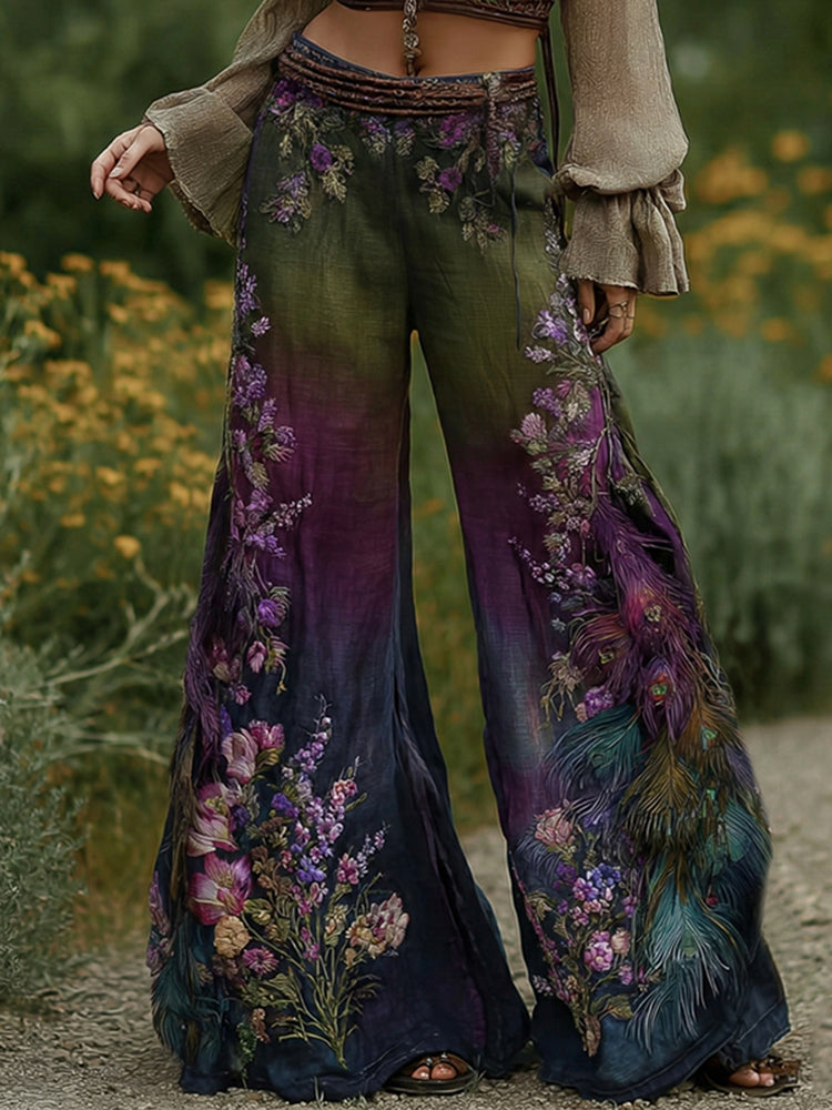 Vintage Classy Gradient Purple Peacock And Floral Embroidered Art Linen Blend Casual Pants