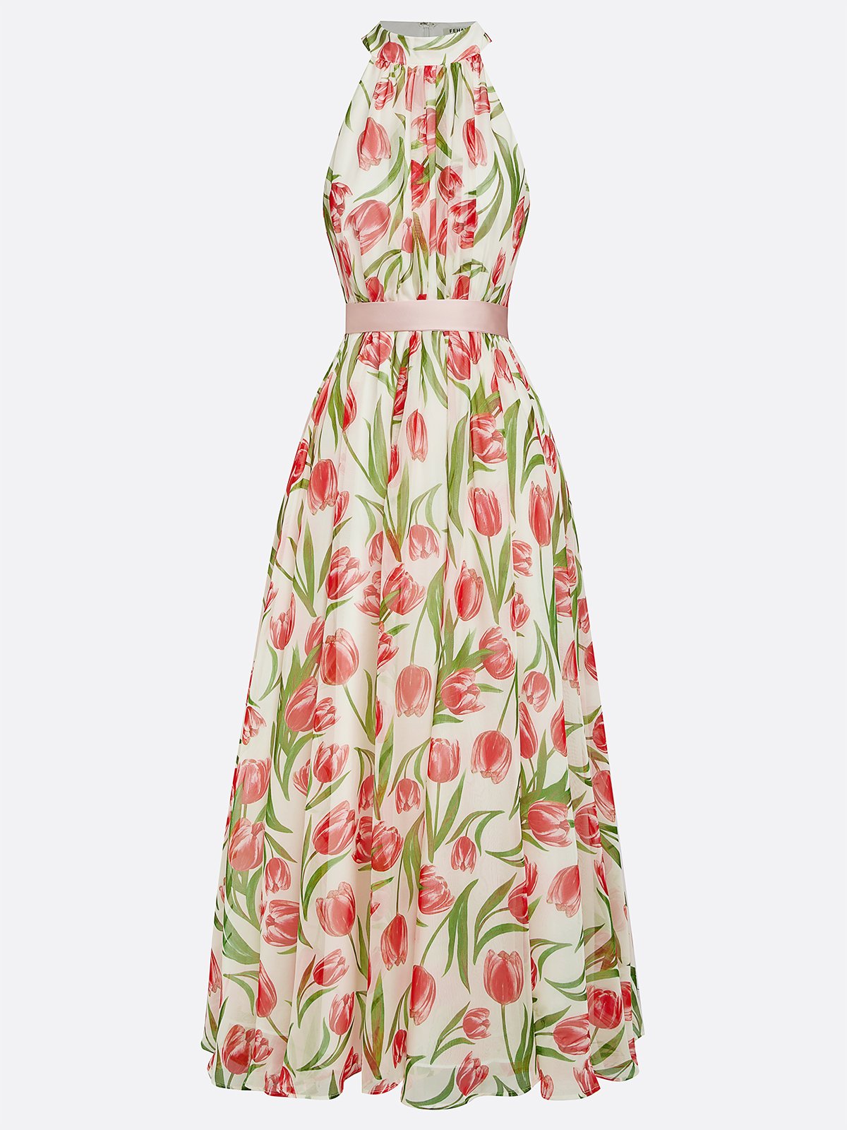 Pink Floral Chiffon Halter Sleeveless A-Line Maxi Dress