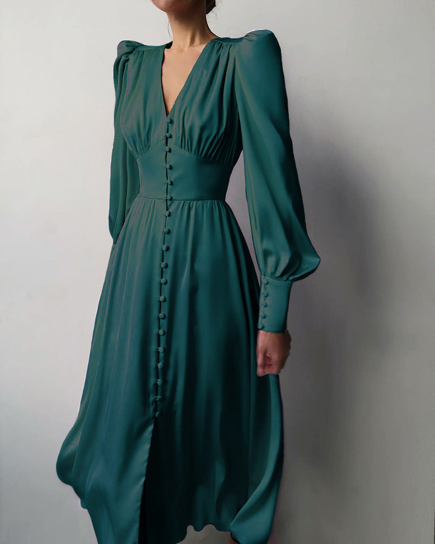 Slim Fit Green V Neck Wrinkled Silk Maxi Dress Puff Sleeve