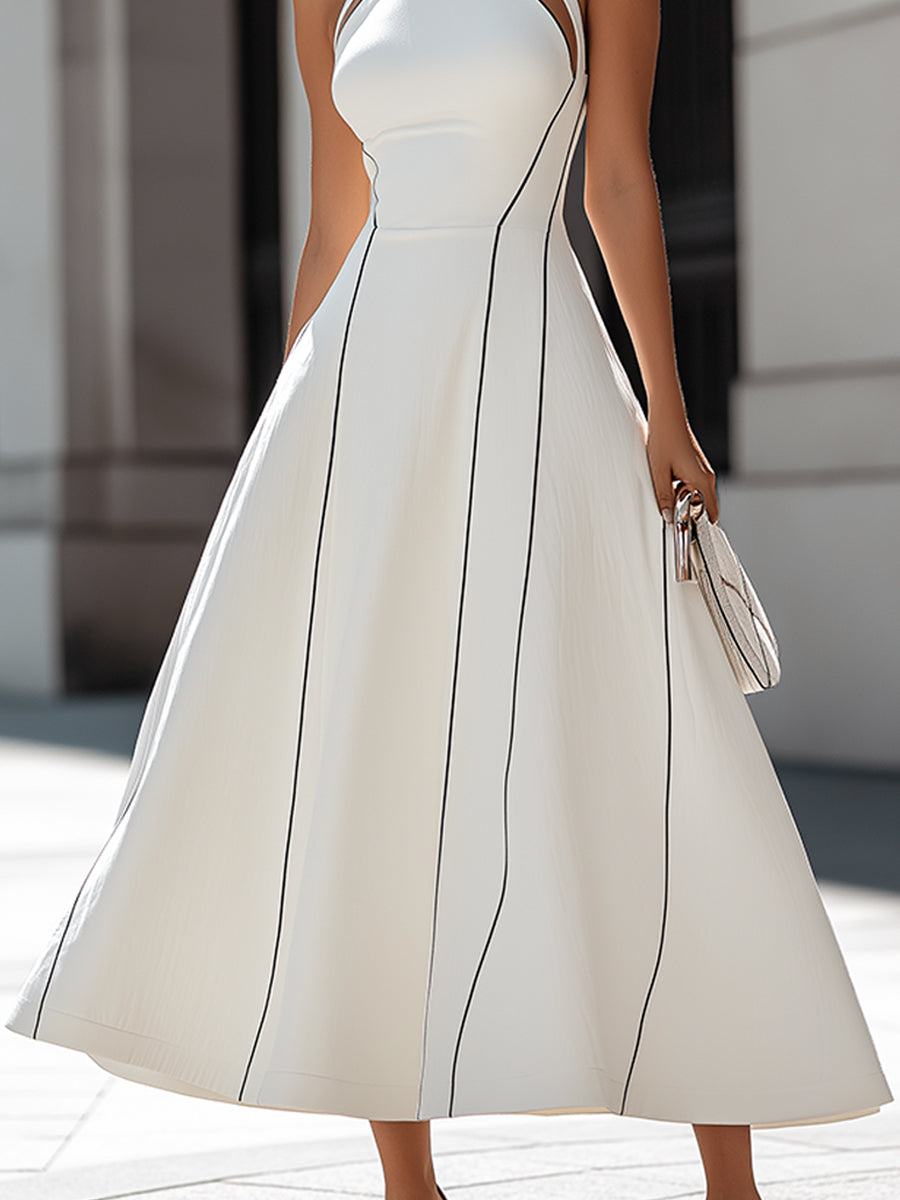 Halter Neck Cutout Panel A-Line Midi Dress
