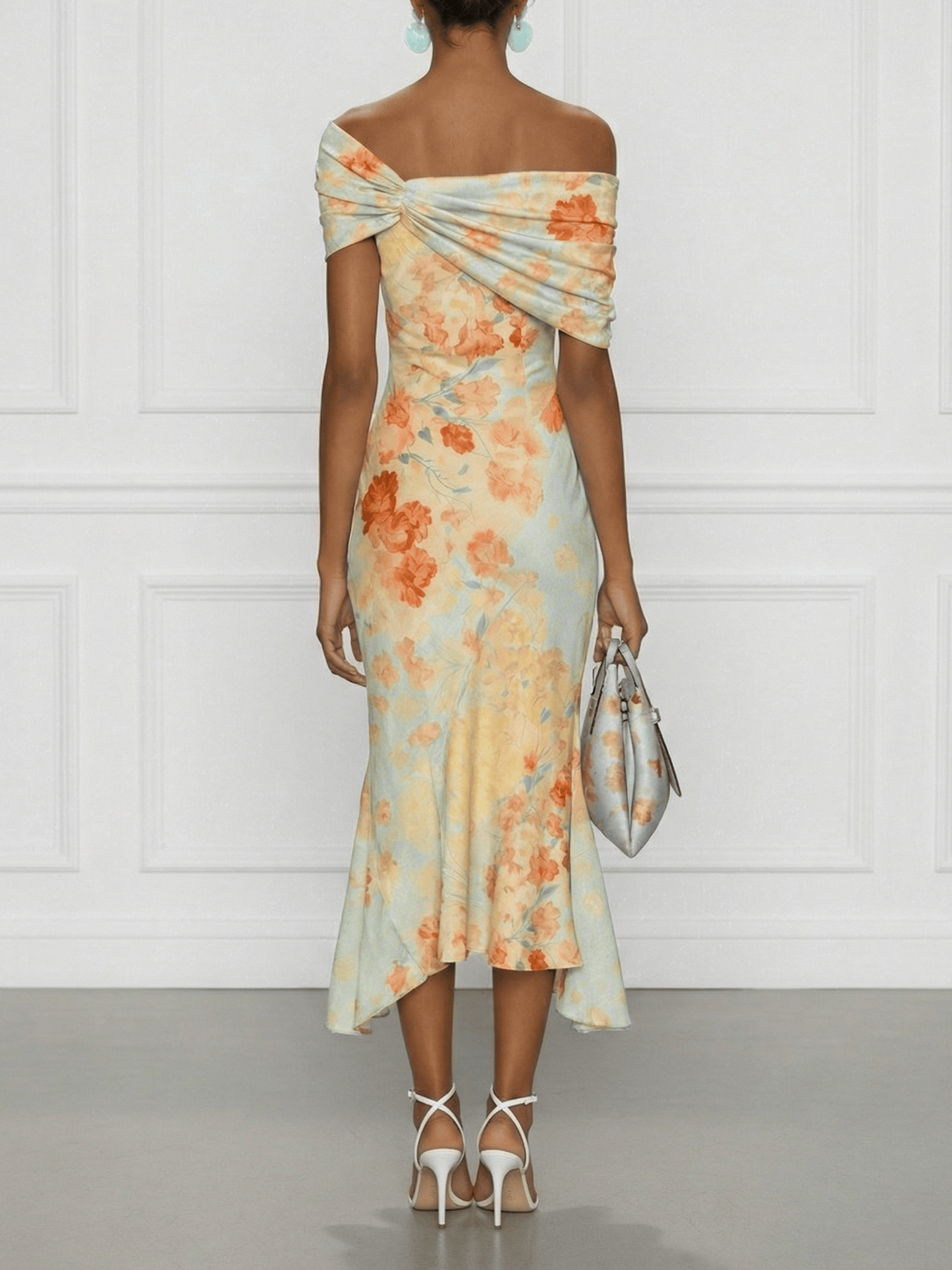 Light Blue Floral Classic Off The Shoulder Short Sleeve Mermaid Midi Dress
