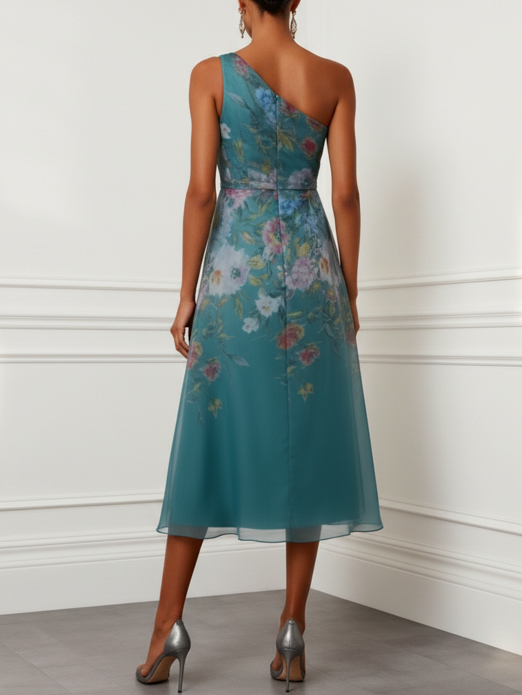 Cyan Floral Ruched Tulle One Shoulder Sleeveless A-Line Midi Dress