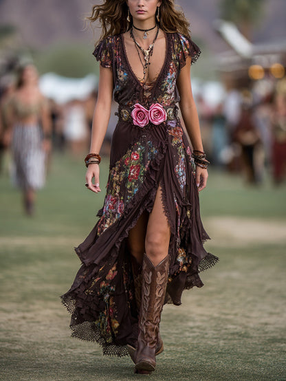 Boho Floral Print Chiffon Maxi Dress With Deep V-Neck And High Slit For Women