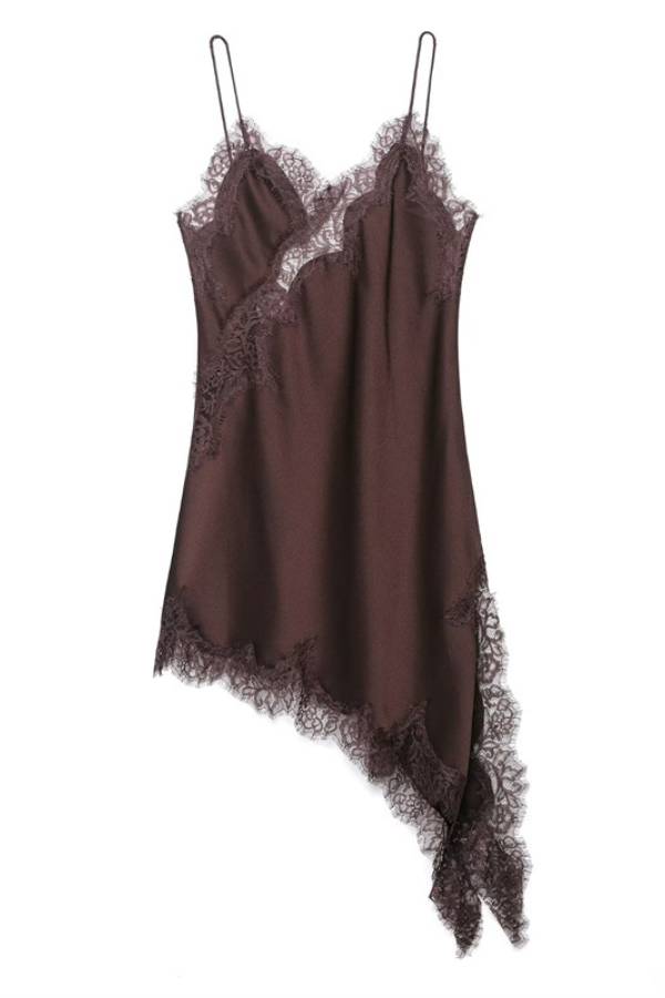 Lace-Paneled Satin Slip Dress with Asymmetrical Hem