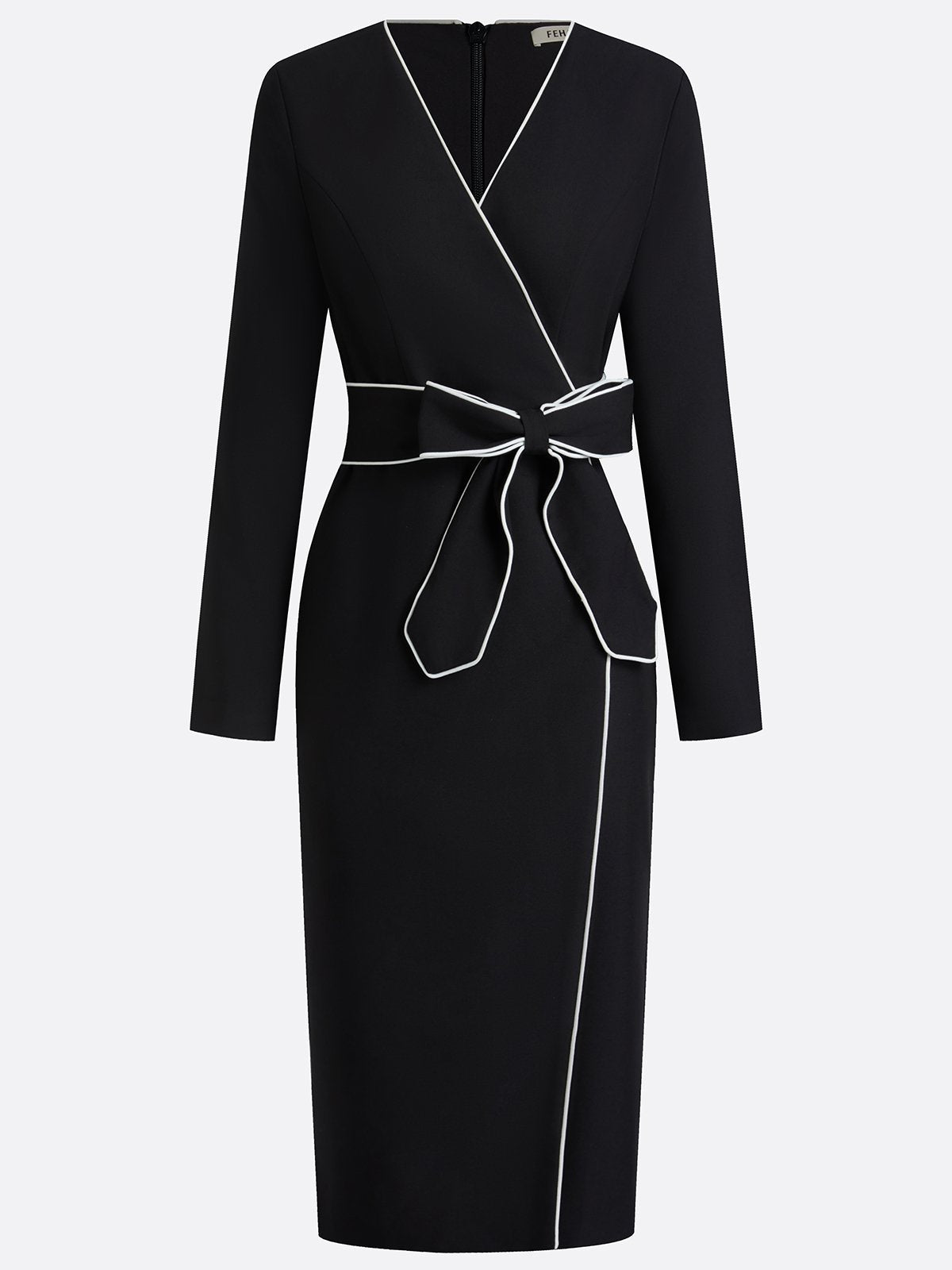 Black Piping Bow Classic V Neck Long Sleeve Sheath Midi Dress