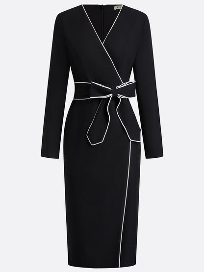 Black Piping Bow Classic V Neck Long Sleeve Sheath Midi Dress