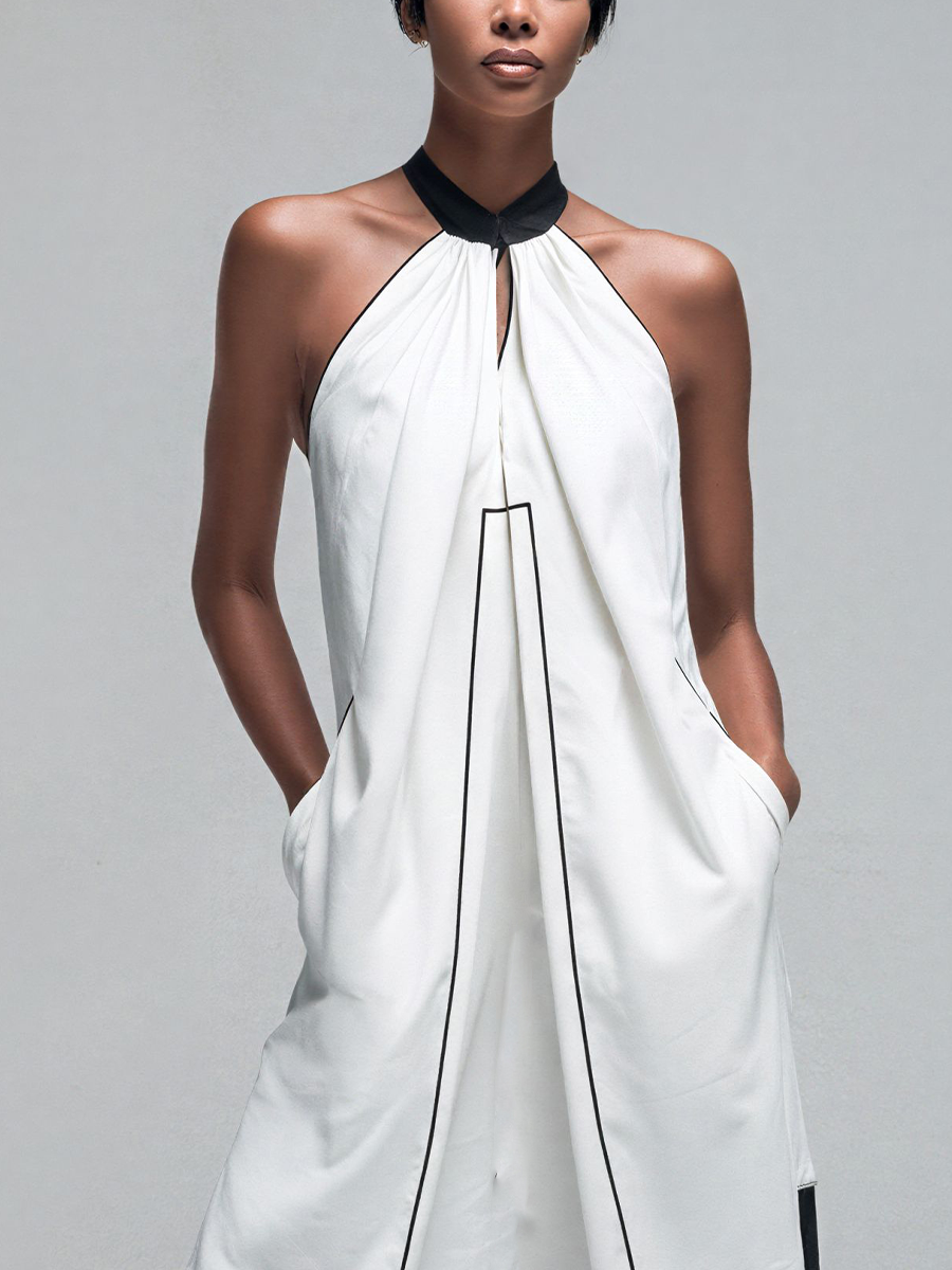 Women’s White Halter Neck Asymmetrical Tunic Top & Black Wide-Leg Pants Two-Piece Set MDZ2764D6T