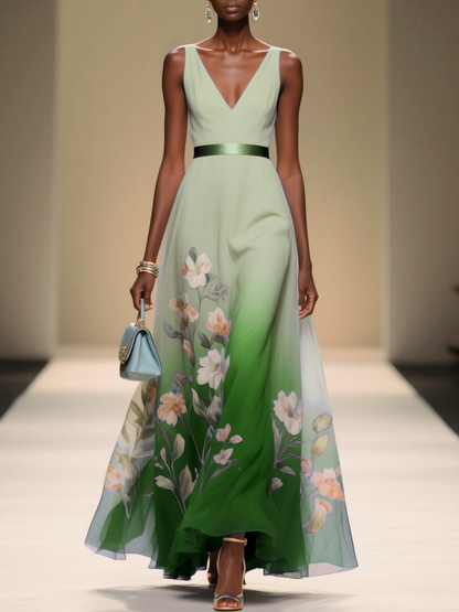 Light Blue Ombre Floral Chiffon V Neck Sleeveless A-Line Midi Dress
