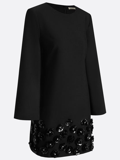 Black 3D Floral Classic Crew Neck Long Sleeve Bell Sleeve A-Line Mini Dress