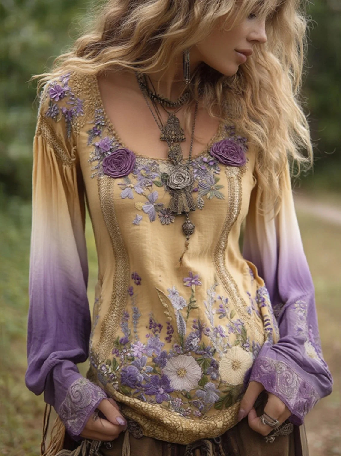 Classy Gradient Purple Lavender And Floral Embroidered Linen Long Sleeve Shirt d426