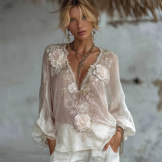 Vintage White Roses Fiber Art Lace Embroidered Flowy Tunic