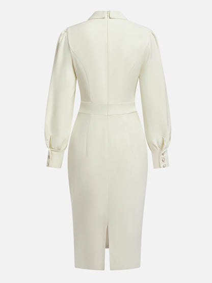 Off White Bow Classic Crew Neck Long Sleeve Sheath Midi Dress