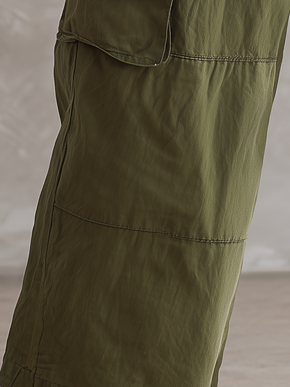 Women’s Olive Green Elastic Waist Drawstring Cargo Pants With Multi Pockets MDZ2779D1T