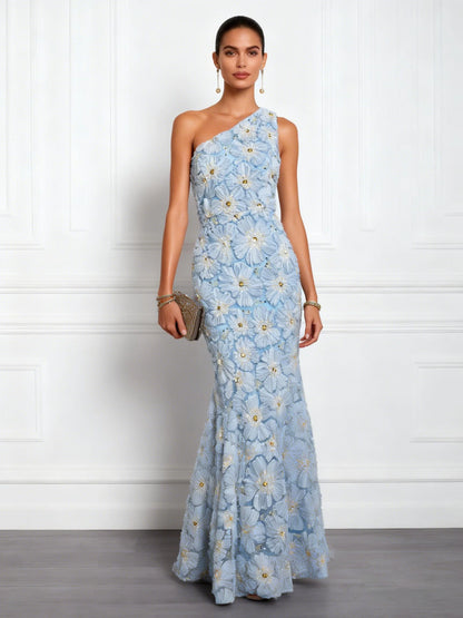 Light Blue Jacquard Beaded 3D Floral Lace One Shoulder Sleeveless Mermaid Gown Dress