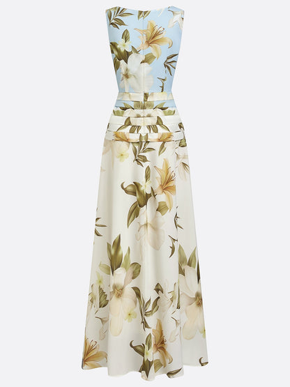 Light Blue Floral Ruched Classic Boat Neck Sleeveless A-Line Floor-length Gown Dress
