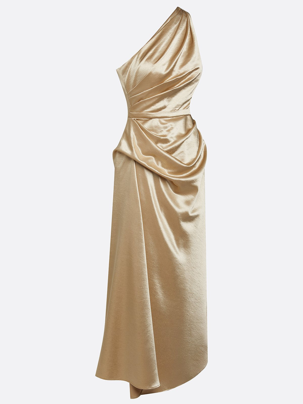 Champagne Ruched Satin One Shoulder Sleeveless Sheath Midi Dress
