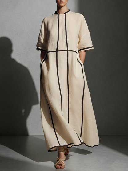 Women's Modern Linen Blend Beige Stand-Collar Half-Sleeve Contrast-Line Pocketed Maxi Dress  MDA2924L4AU