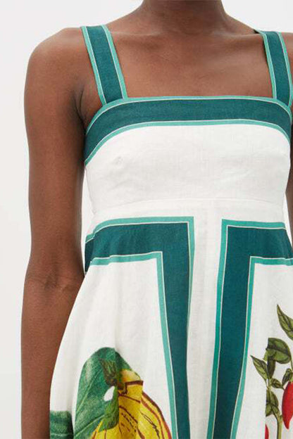 ITALIAN COASTLINE FRUIT FLORAL PRINT BACK SMOCKED MAXI DRESS