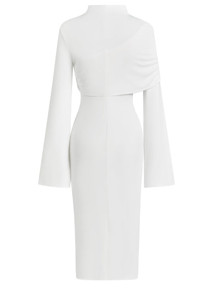 White Slit Chiffon Mock Neck Long Sleeve Bodycon One-shoulder Midi Dress with Matching Shrug