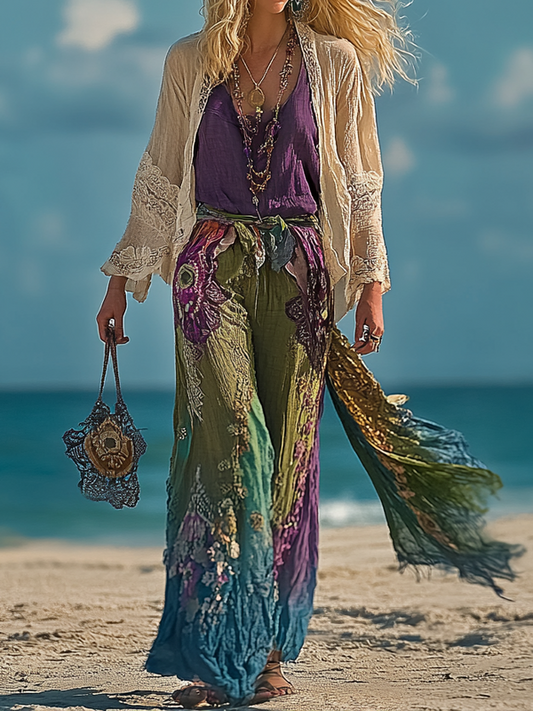Autumn seaside long-sleeved contrasting retro kimono+top + pants set c1a8