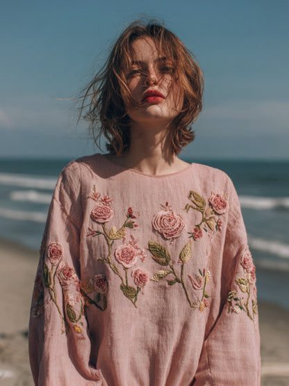 Women's Bohemian Rose Embroidered Round Neck Comfortable Linen Top