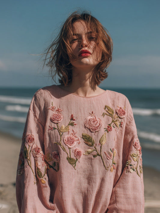 Women's Bohemian Rose Embroidered Round Neck Comfortable Linen Top