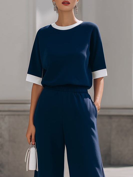 Contrast Trim Short-Sleeve Top & Elastic-Waist Wide-Leg Pants Two-Piece Set
