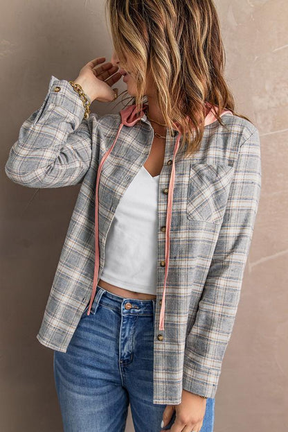 Drawstring Plaid Hooded Shirt Coat