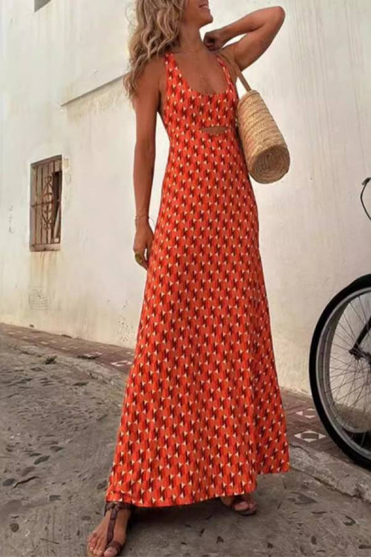 Geometric Print Halter U-Neck Cutout Cross-Back Flowy Maxi Dress