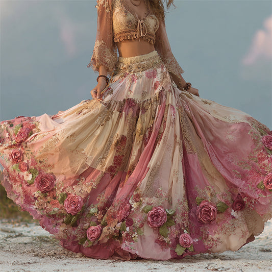 Boho Pink Roses Cottagecore Floral Patchwork Flowy Wide Skirt d5cc