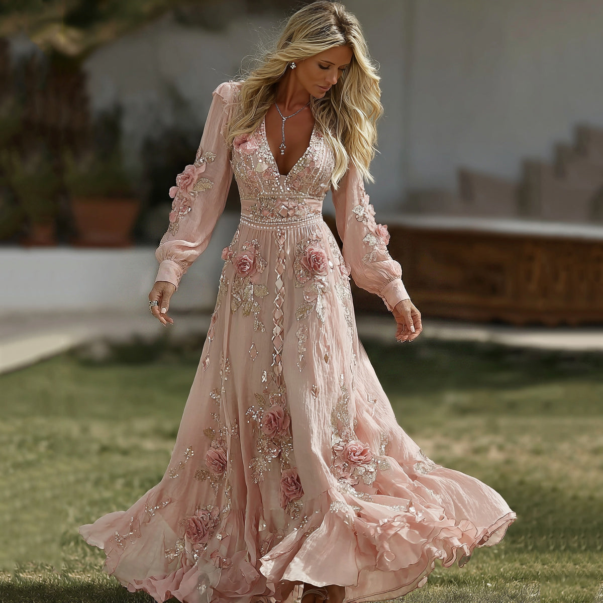 Women's Pink Rose Embroidered Art V-neck Midi Dress