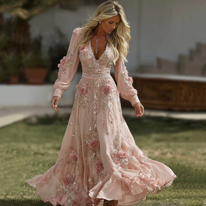 Women's Pink Rose Embroidered Art V-neck Midi Dress