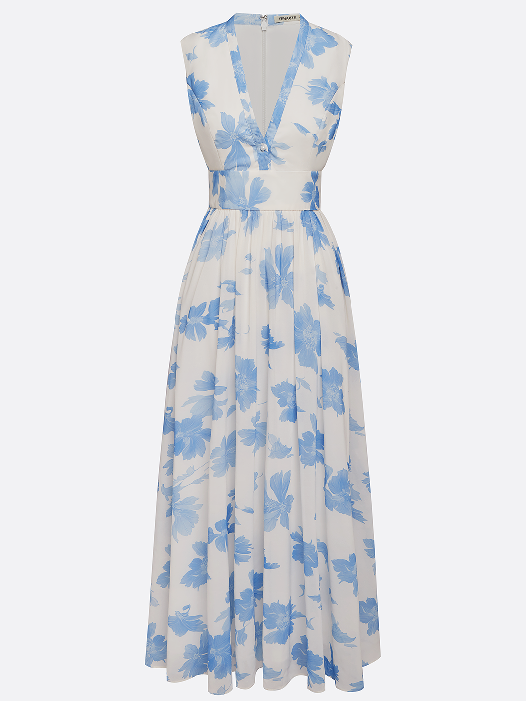 Light Blue Floral Chiffon V Neck Sleeveless A-Line Maxi Dress