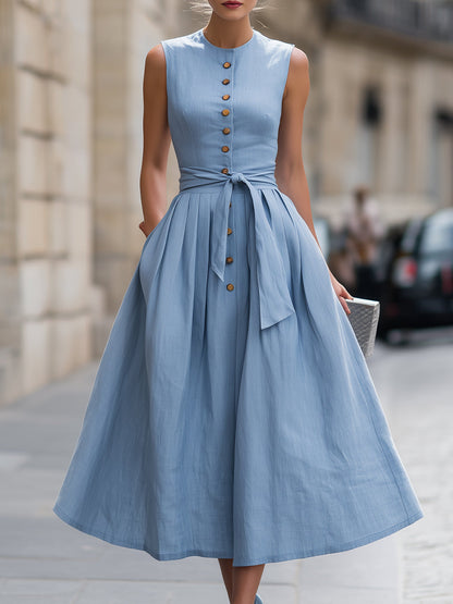 Sleeveless Button-Front Tie Waist Midi Dress