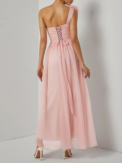 Pink Removable 3D Floral Chiffon One Shoulder Sleeveless Sheath Gown Dress