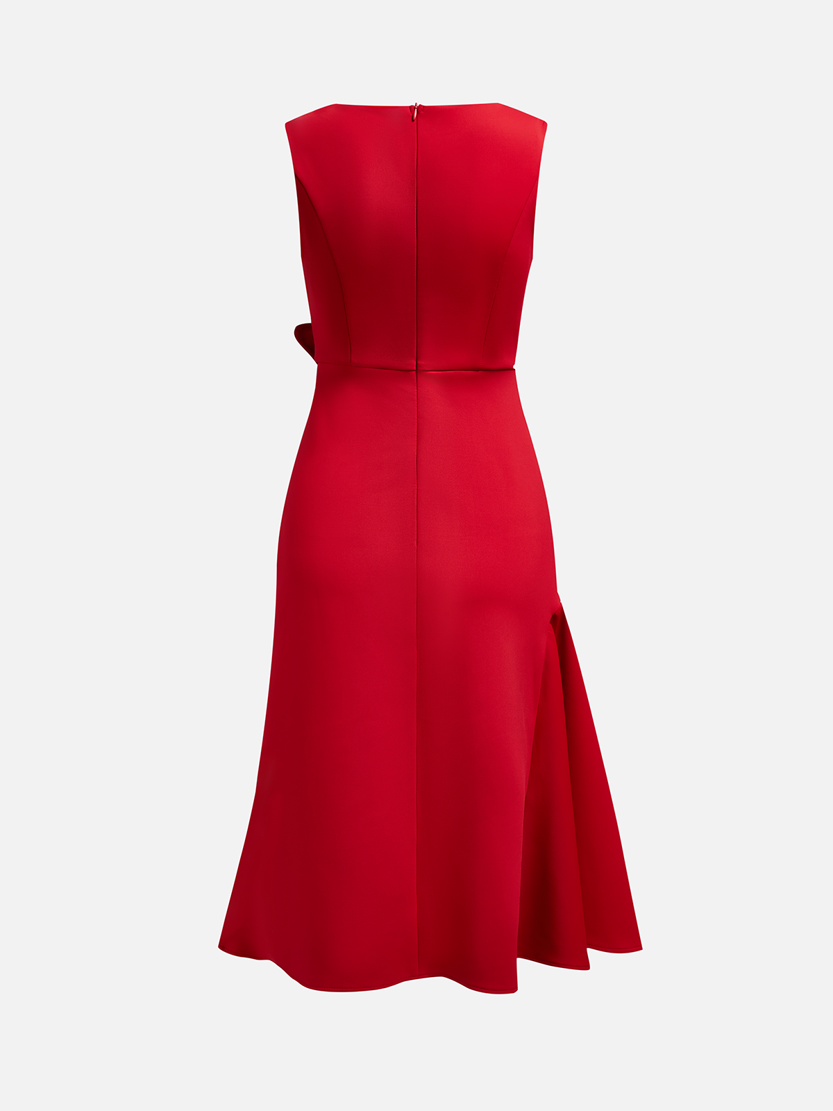 Red Sleeveless Midi Dress Elegant Ruched Waist & Flounce Hem for Weddings and Parties