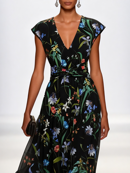 Black Floral Knot Chiffon V Neck Sleeveless A-Line Maxi Dress