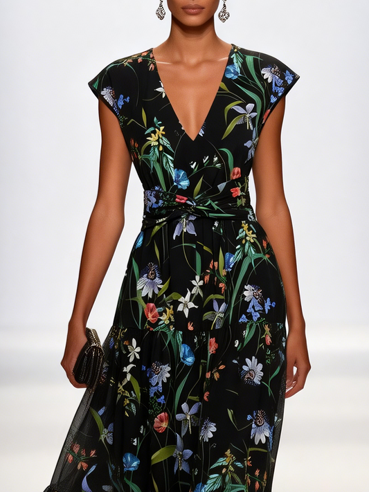 Black Floral Knot Chiffon V Neck Sleeveless A-Line Maxi Dress