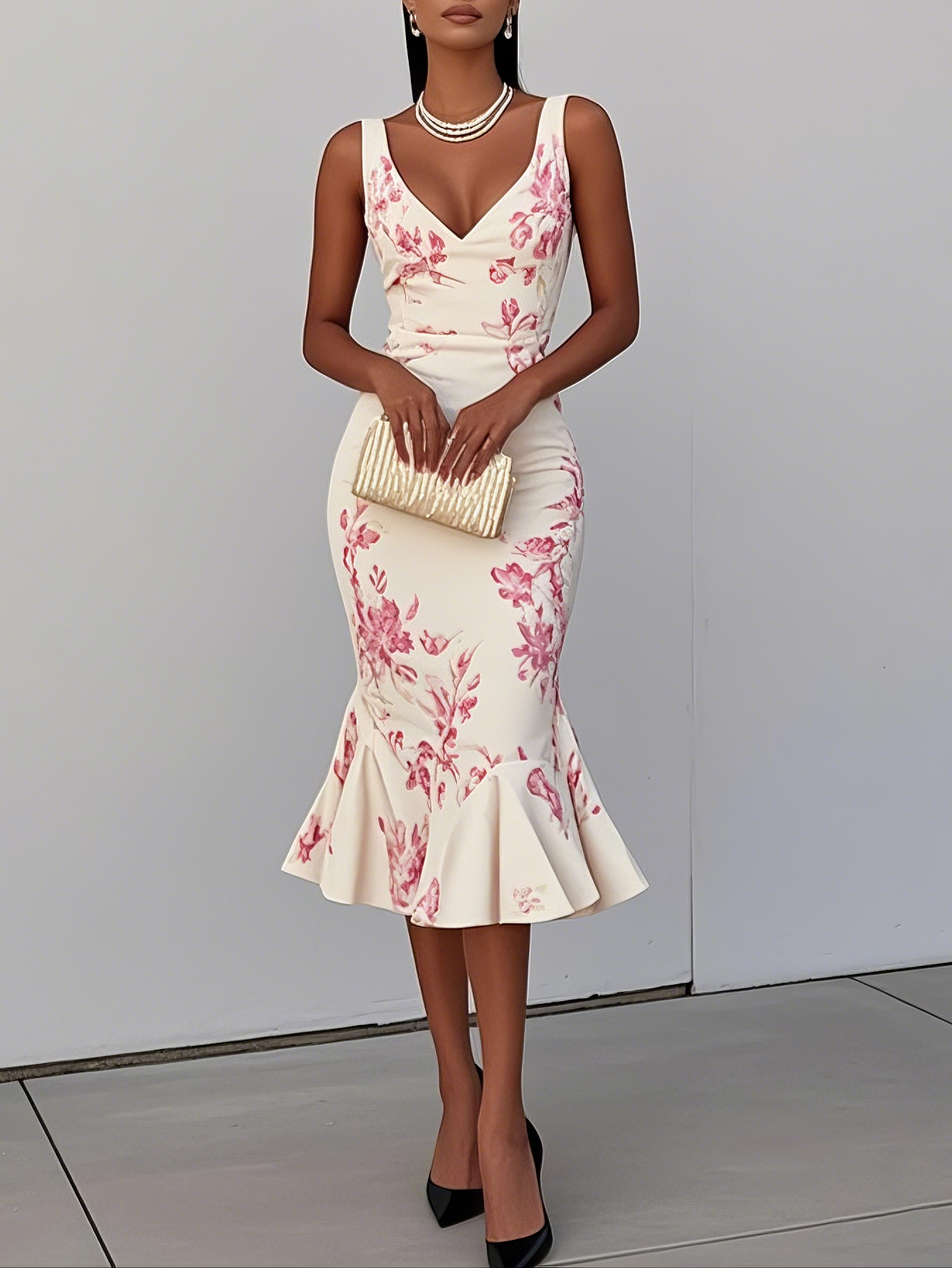 White Pink Floral V Neck Sleeveless Mermaid Midi Dress