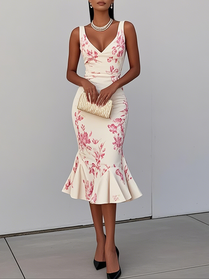 White Pink Floral V Neck Sleeveless Mermaid Midi Dress