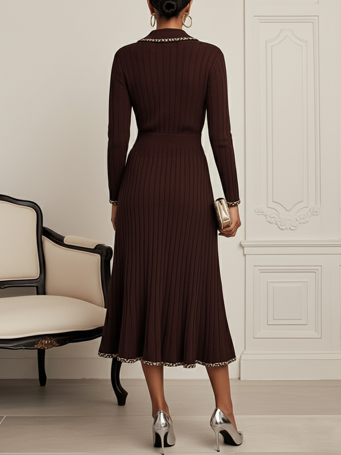 Red Brown Piping Buckle Sweater Lapel Collar Long Sleeve A-Line Midi Dress
